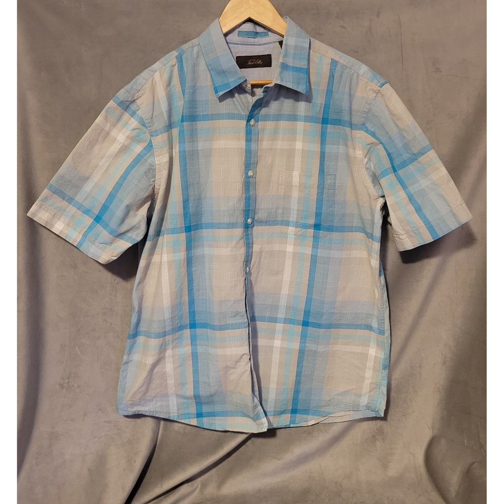 Tasso Elba Button Up Shirt Men's Size Large Turquoise Blue Plaid 100% Cotton